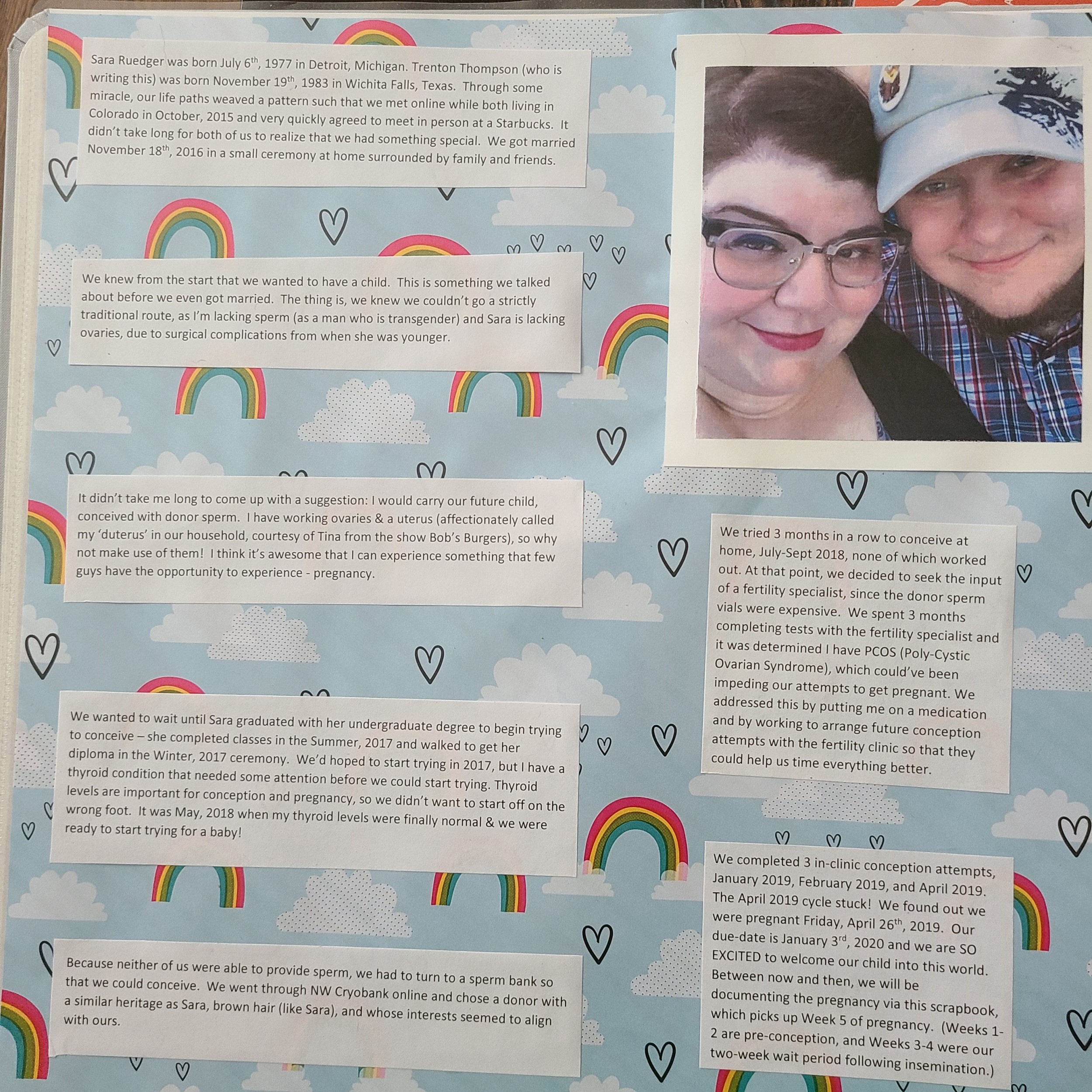 Introduction page to the scrapbook - 7 paragraphs of text on a blue sky & white cloud background with rainbows and hearts, and a picture of Sara and Trent