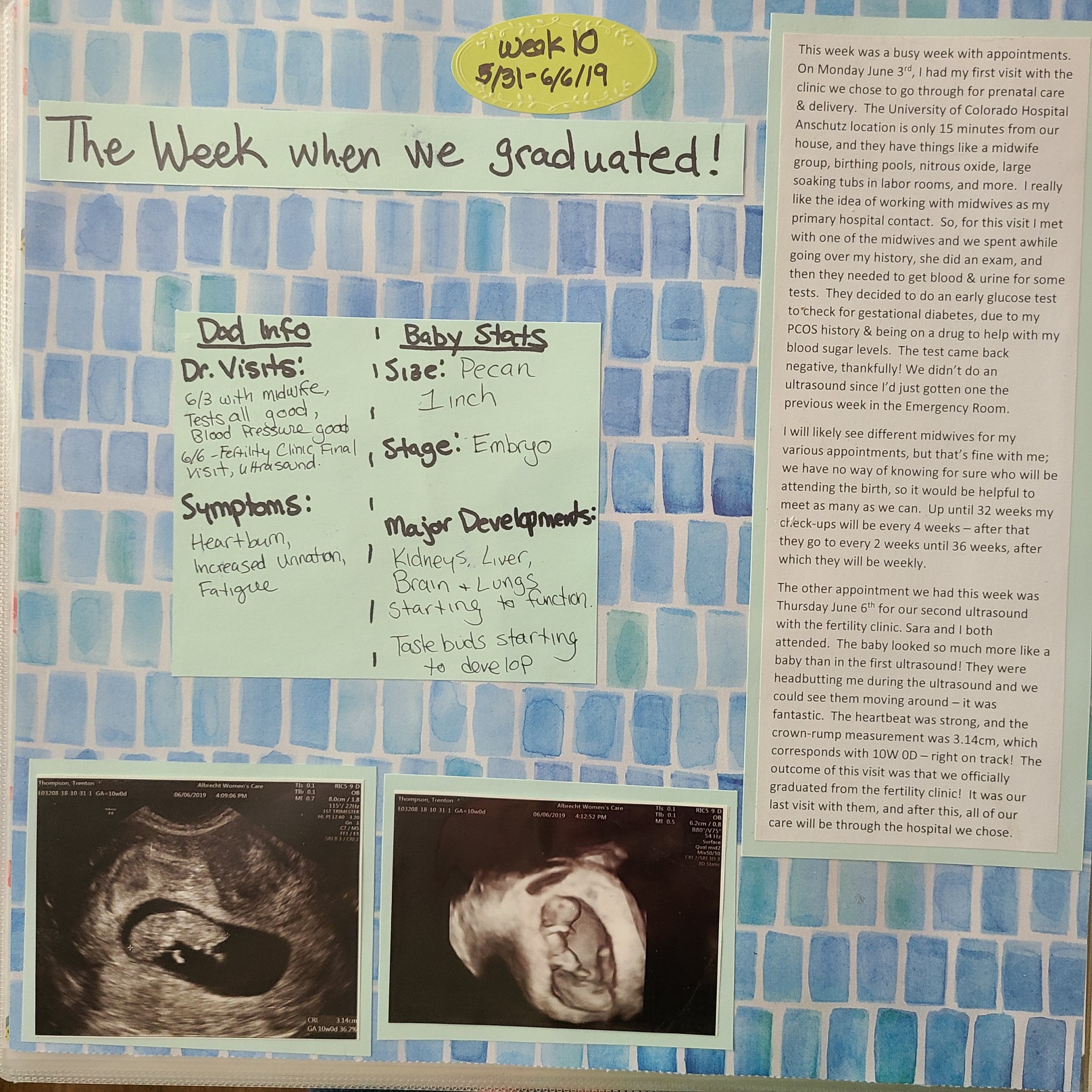 week 10 scrapbook page, with a background of small blue watercolor rectangles neatly arranged.  The page includes 2 ultrasound pictures, one 2D image showing an embryo bumping its head against the uterine wall, and a second 3-D image of the embryo where  its arms, legs, head and belly are all visible.