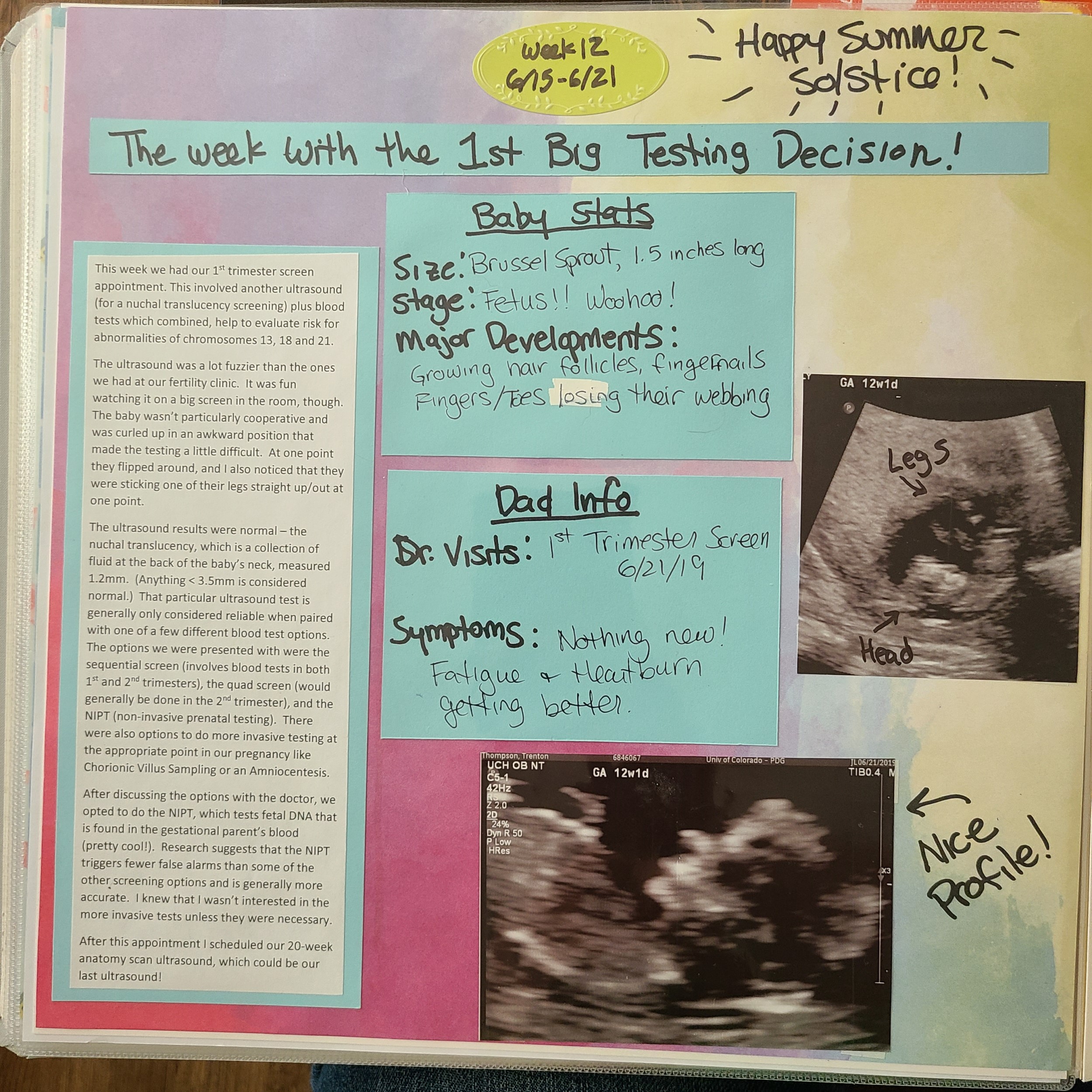 Week 12 scrapbook page, with a multicolor background that transitions from dark pink in the bottom left corner to light green in the top right corner, with sage green, yellow, and purple in the middle. There are two blurry ultrasound photos, one zoomed in of the baby's profile captured "Nice Profile!" and the other zoomed out showing the whole baby curled up in the uterus, head on the bottom and legs curled up on top, with legs and head labeled. "Happy Summer Solstice" is noted on the top right of of the page.