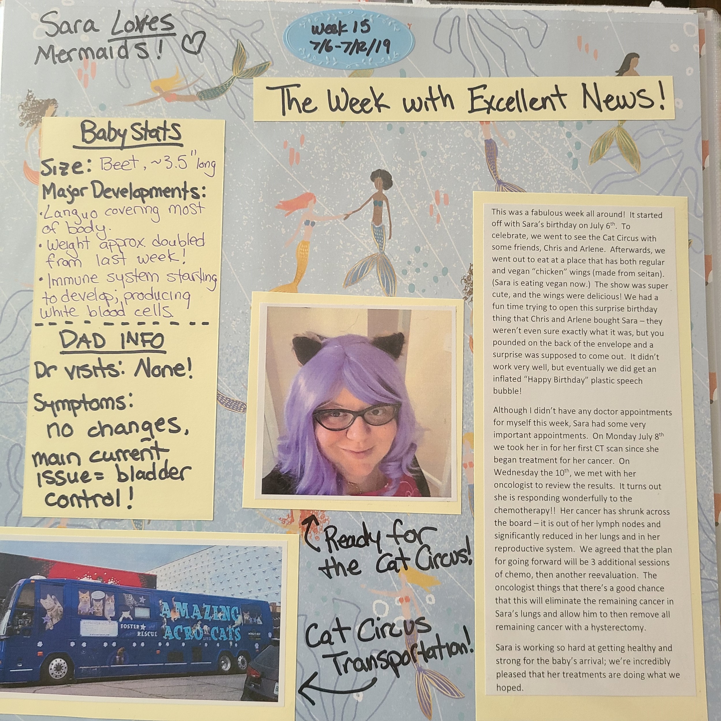 Week 15 scrapbook page, light blue ocean background with various mermaids of different haircolors, skintones, and tail colors, and some light outlines of coral and bubbles. There is a central image of Sara smiling in black framed glasses, a lavender wig and cat ears captioned "Ready for the cat circus!" and there is a second picture of a large blue bus with a wrap showing various cute cats, and the words "Foster (Star image) Rescue" and "Amazing Acro-Cats", with the caption "Cat Circus Transportation".  In the top left corner of the background is written "Sara LOVES Mermaids!"