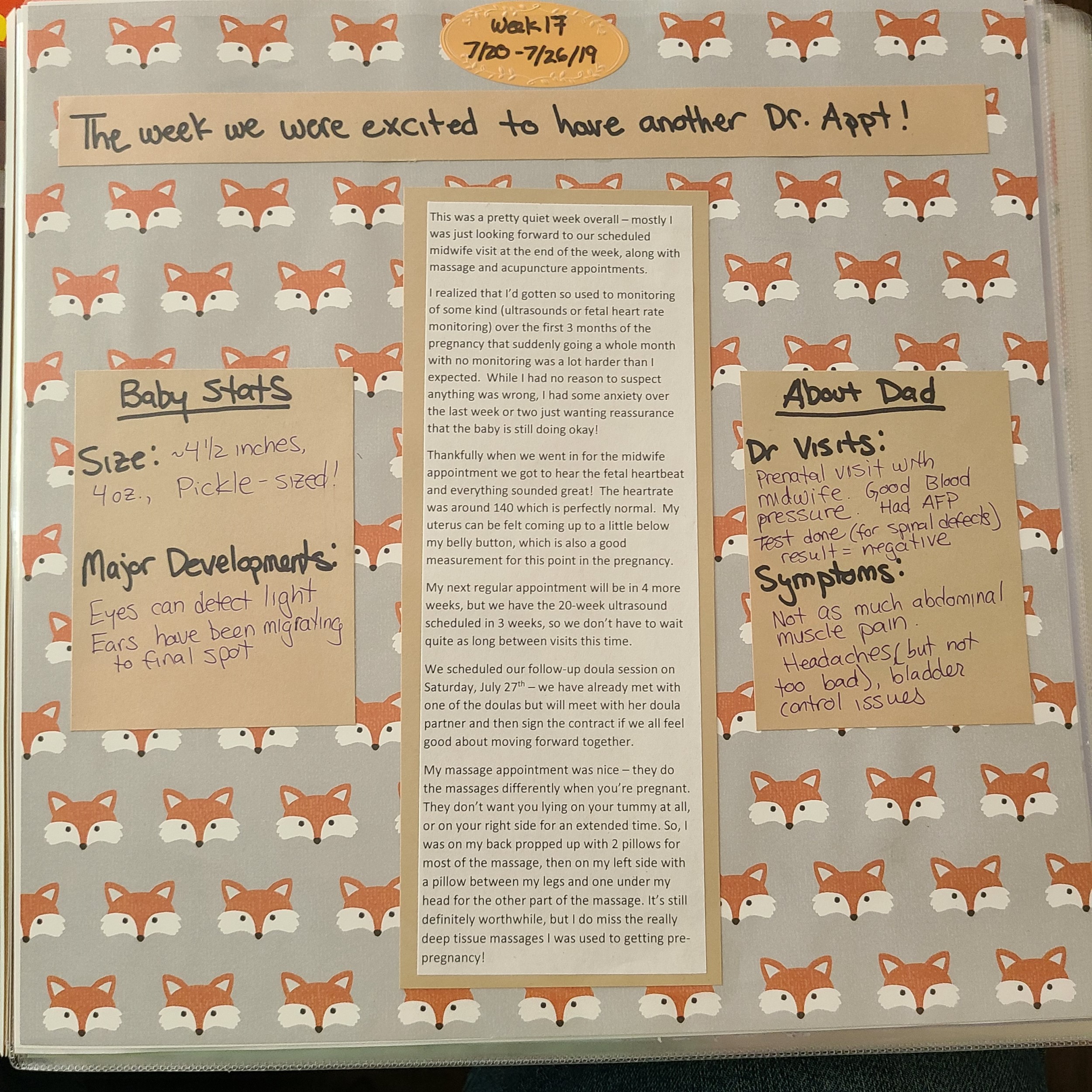Week 17 scrapbook page - background are small, cute, evenly spread red and white illustrated fox heads, no pictures. 