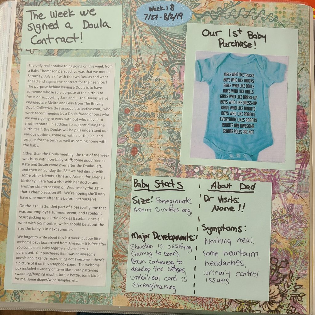 Week 18 scrapbook page - background is abstract botanical/floral patterns over a pastel green/yellow/orange/pink background, with a picture of a blue baby onesie with the caption "Our 1st Baby Purchase!" - the onesie has the text on the front in all caps, 11 lines of text reading "Girls who like trucks / boys who like trucks / girls who like dolls / boys who like dolls / girls who like dress-up / boys who like dress-up / girls who like robots / boys who like robots / everybody likes robots / robots are awesome / gender roles are not"